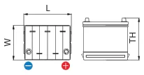 Sơ đồ BCI mã 11F — mặt trên với kích thước L × W và mặt bên với chiều cao TH, cực dương bên phải