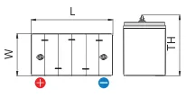 Sơ đồ BCI mã 18 — mặt trên với kích thước L × W và mặt bên với chiều cao TH, cực dương bên trái