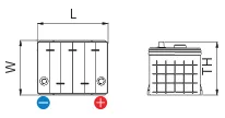 Sơ đồ BCI mã 19 — mặt trên với kích thước L × W và mặt bên với chiều cao TH, cực dương bên phải
